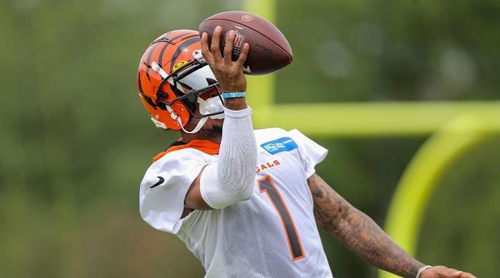 Jun 7, 2022; Cincinnati, OH, USA; Cincinnati Bengals wide receiver Ja Marr Chase (1) runs drills during minicamp at the Paul Brown Stadium practice fields.